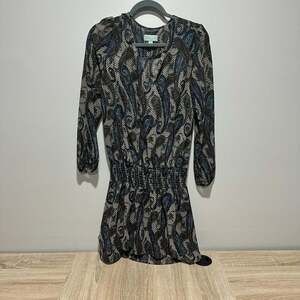 Veronica M. Paisley Print Smocked Waist Boho V-Neck Dress, Brown/Blue